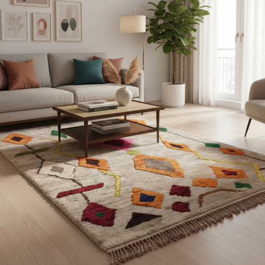 Tapis Berbere Azilal à Motifs Géométriques Colorés Sur Fond Neutre