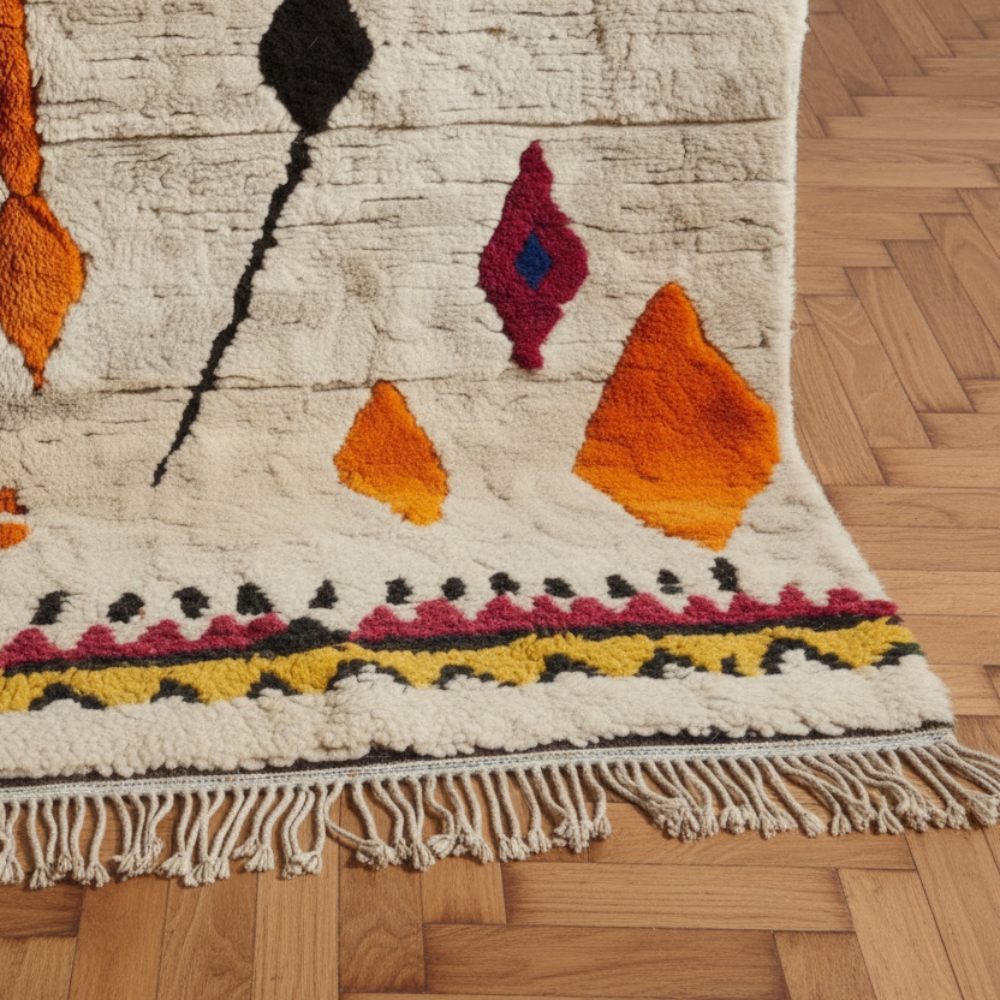 Tapis Berbere Azilal Ecru à Motifs Géométriques Losanges
