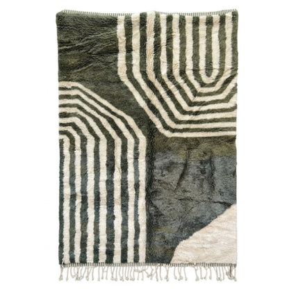 Tapis Berbere Azilal Design Géométrique avec Rayures Vertes et Crème