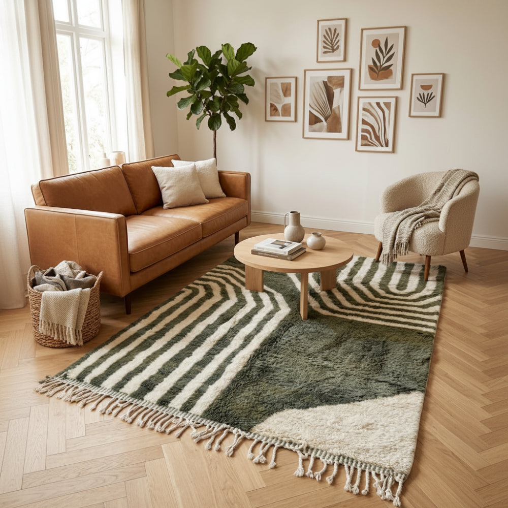 Tapis Berbere Azilal Design Géométrique avec Rayures Vertes et Crème