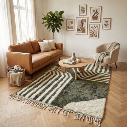 Tapis Berbere Azilal Design Géométrique avec Rayures Vertes et Crème