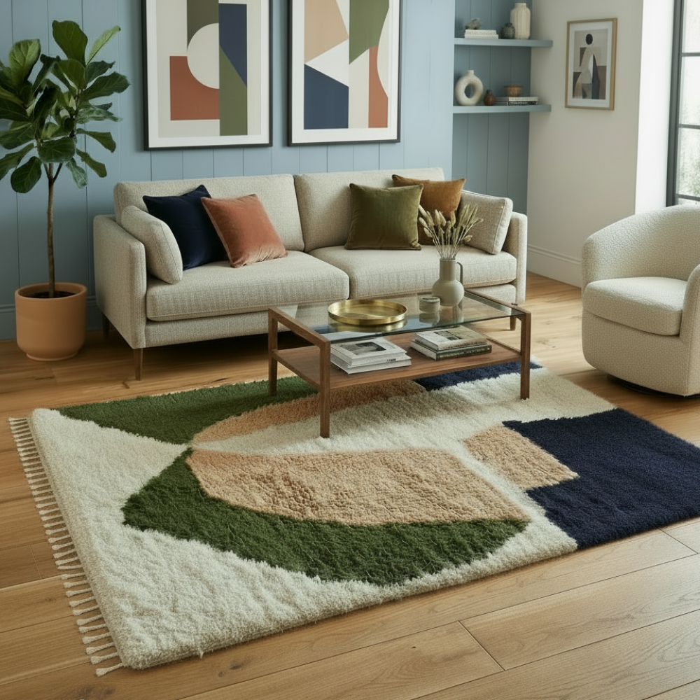 Tapis Berbere Azilal à Motifs Géométrique Abstrait en Bleu, Rose et Vert