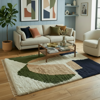 Tapis Berbere Azilal à Motifs Géométrique Abstrait en Bleu, Rose et Vert