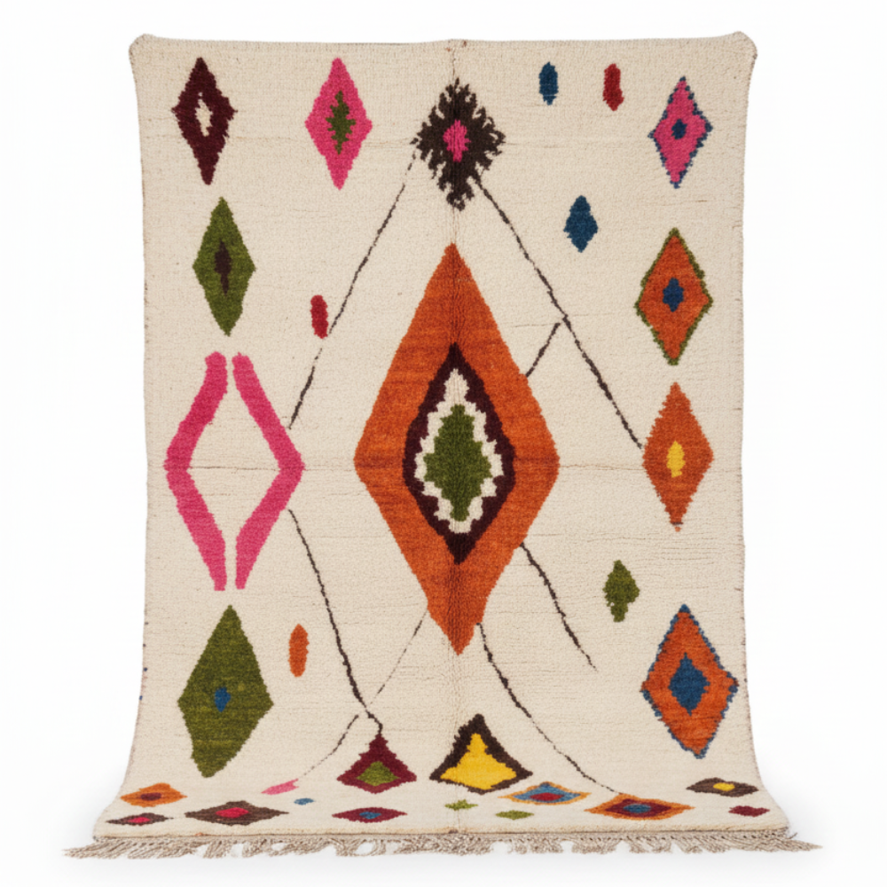 Tapis Berbere Azilal à Motifs Géométriques Colorés Sur Fond Beige