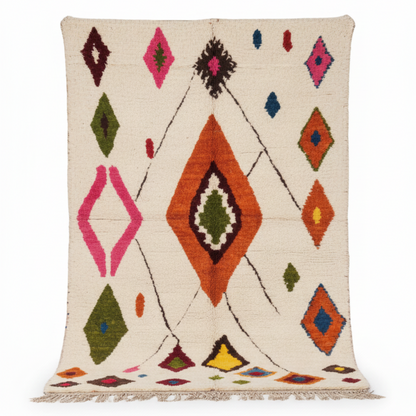 Tapis Berbere Azilal à Motifs Géométriques Colorés Sur Fond Beige