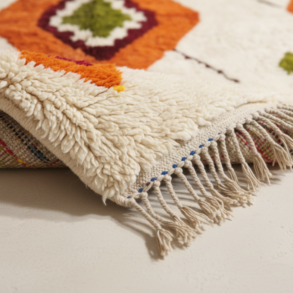 Tapis Berbere Azilal à Motifs Géométriques Colorés Sur Fond Beige