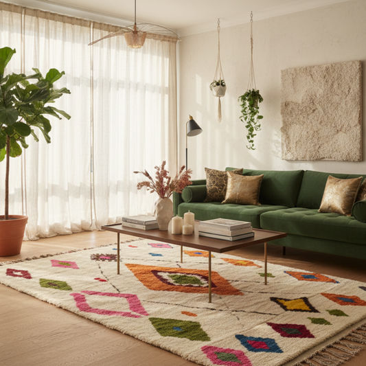 Tapis Berbere Azilal à Motifs Géométriques Colorés Sur Fond Beige