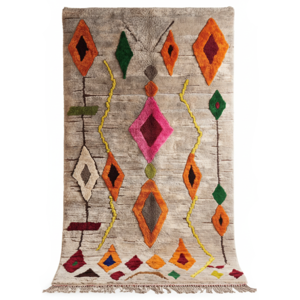Tapis Berbere Azilal à Motifs Géométriques Colorés Sur Fond Neutre