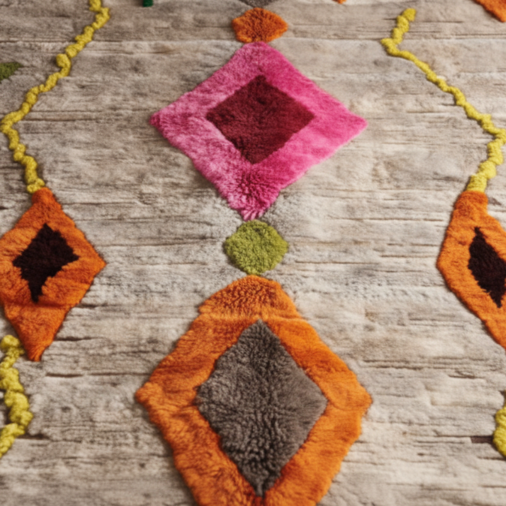 Tapis Berbere Azilal à Motifs Géométriques Colorés Sur Fond Neutre