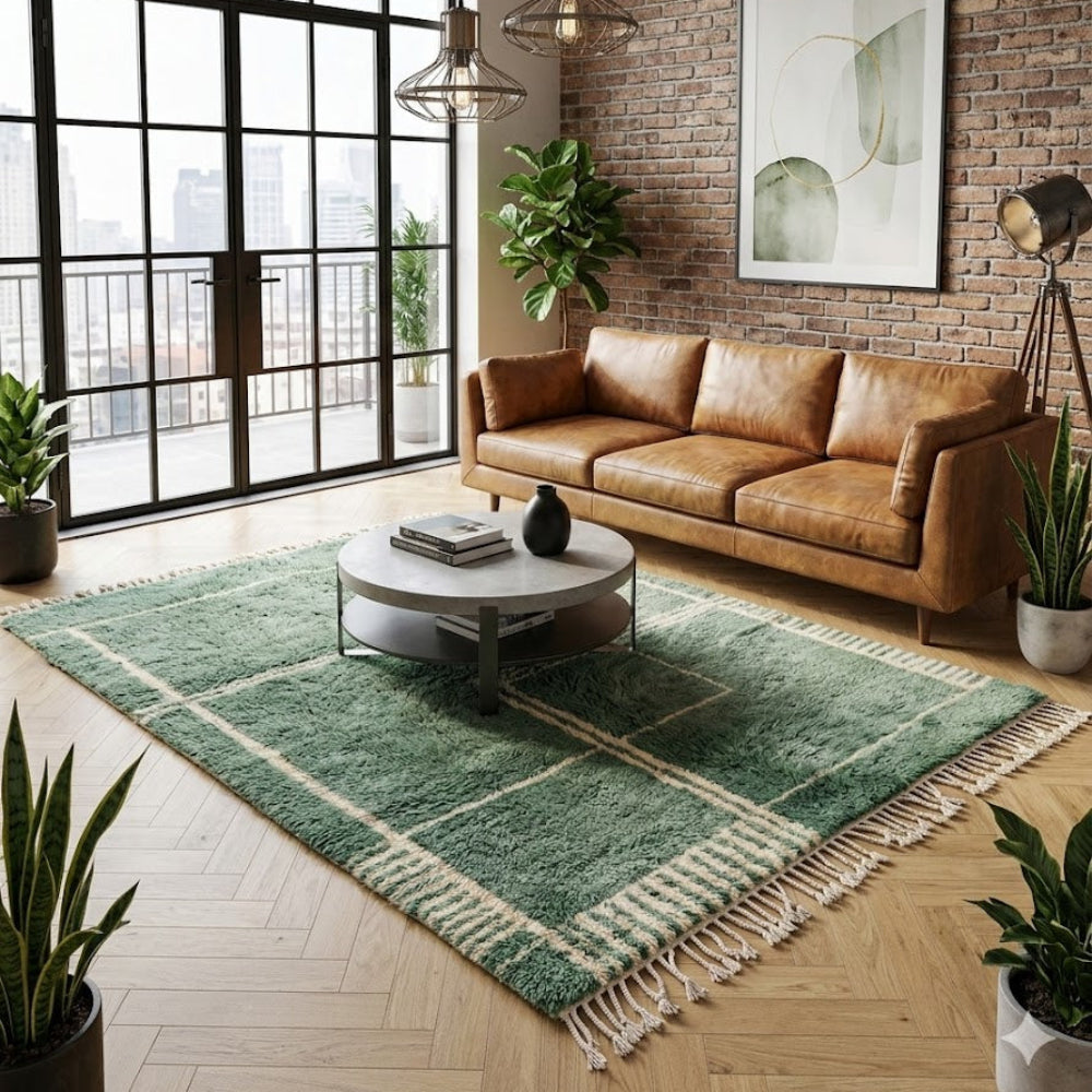 Tapis Berbere Azilal Vert céladon et motifs cubistes