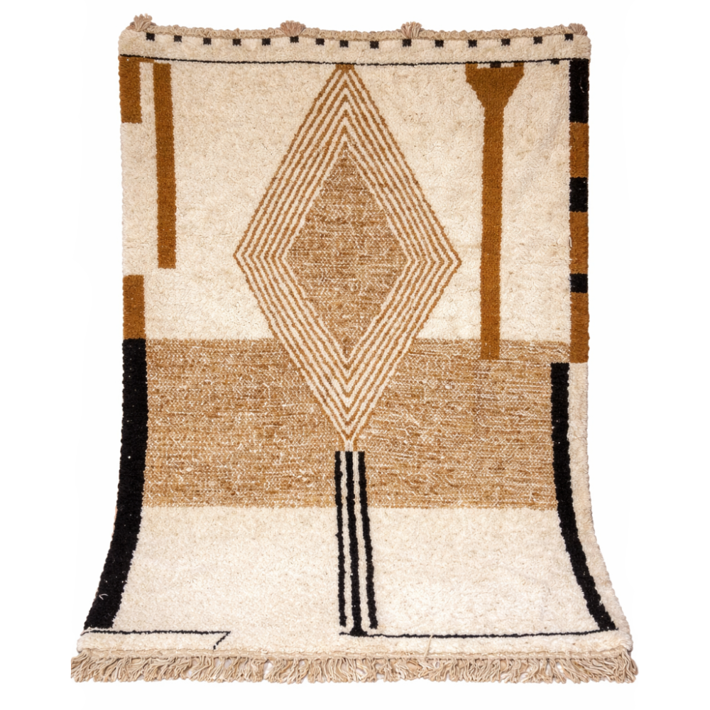Tapis Berbere Azilal à Motifs Géométriques Beige et Noir
