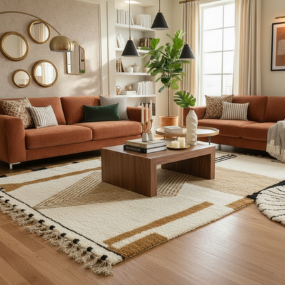 Tapis Berbere Azilal à Motifs Géométriques Beige et Noir