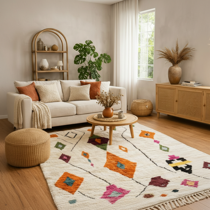 Tapis Berbere Azilal Ecru aux Losanges Multicolores