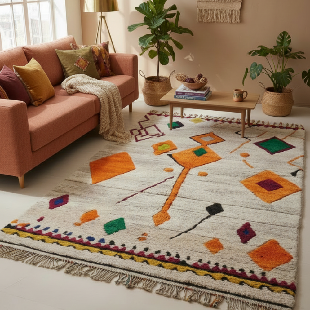 Tapis Berbere Azilal Ecru à Motifs Géométriques Losanges