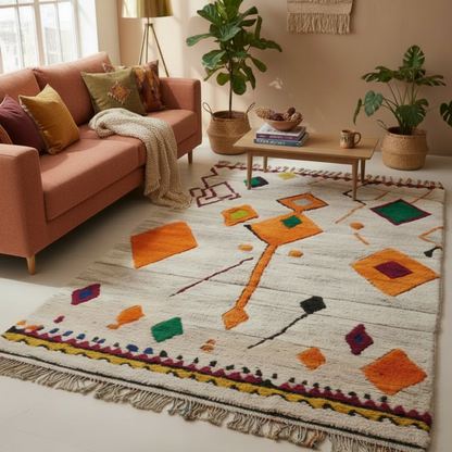 Tapis Berbere Azilal Ecru à Motifs Géométriques Losanges