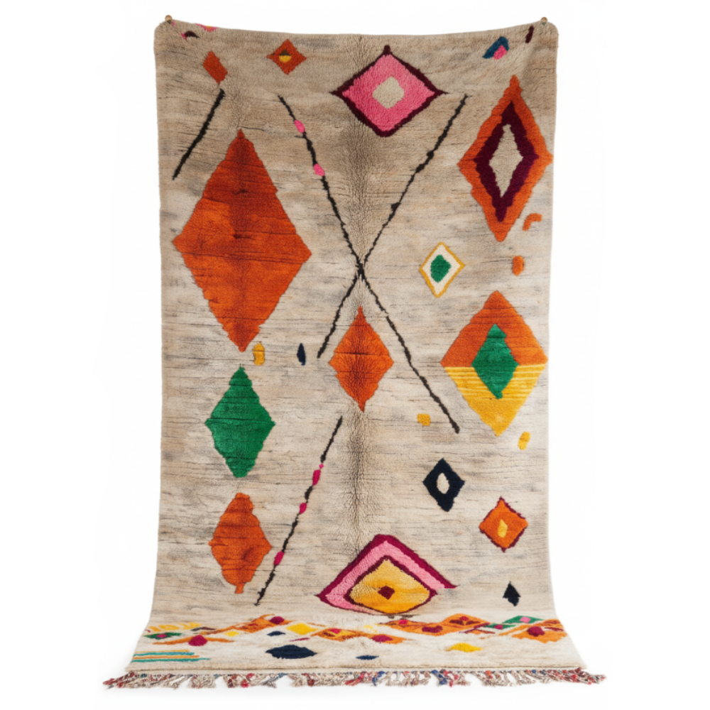 Tapis Berbere Azilal Ecru à Motifs Géométriques