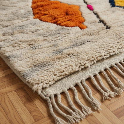 Tapis Berbere Azilal Ecru à Motifs Géométriques