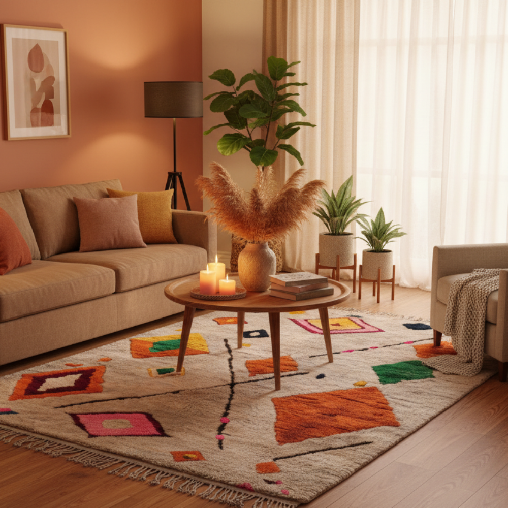 Tapis Berbere Azilal Ecru à Motifs Géométriques