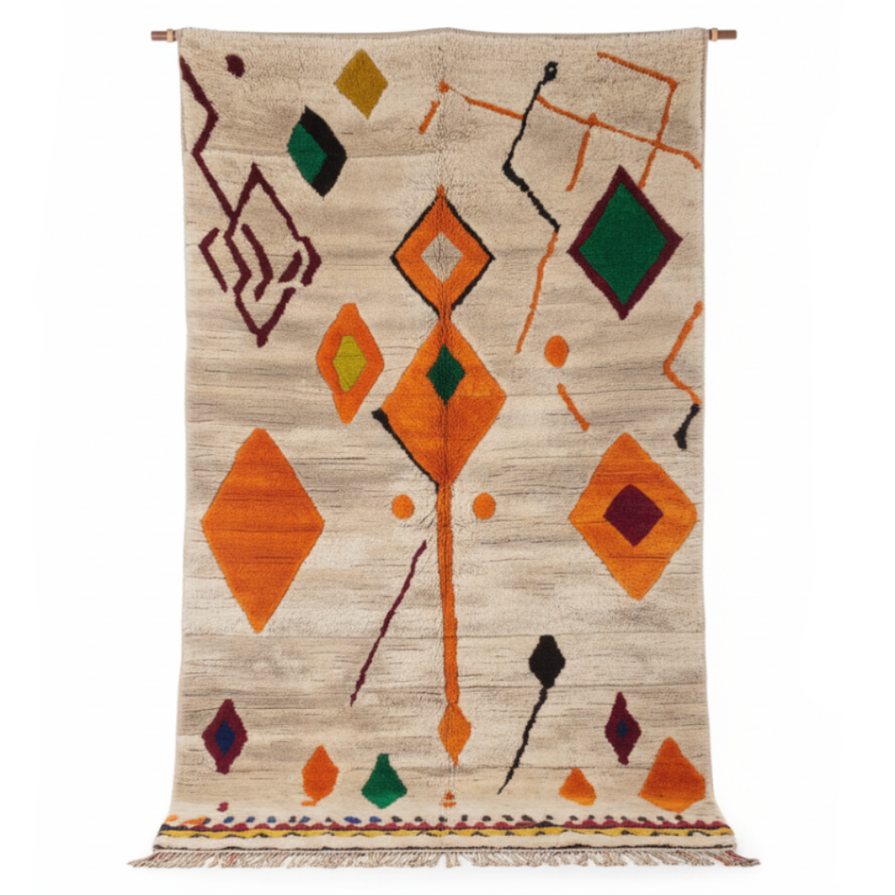 Tapis Berbere Azilal Ecru à Motifs Géométriques Losanges