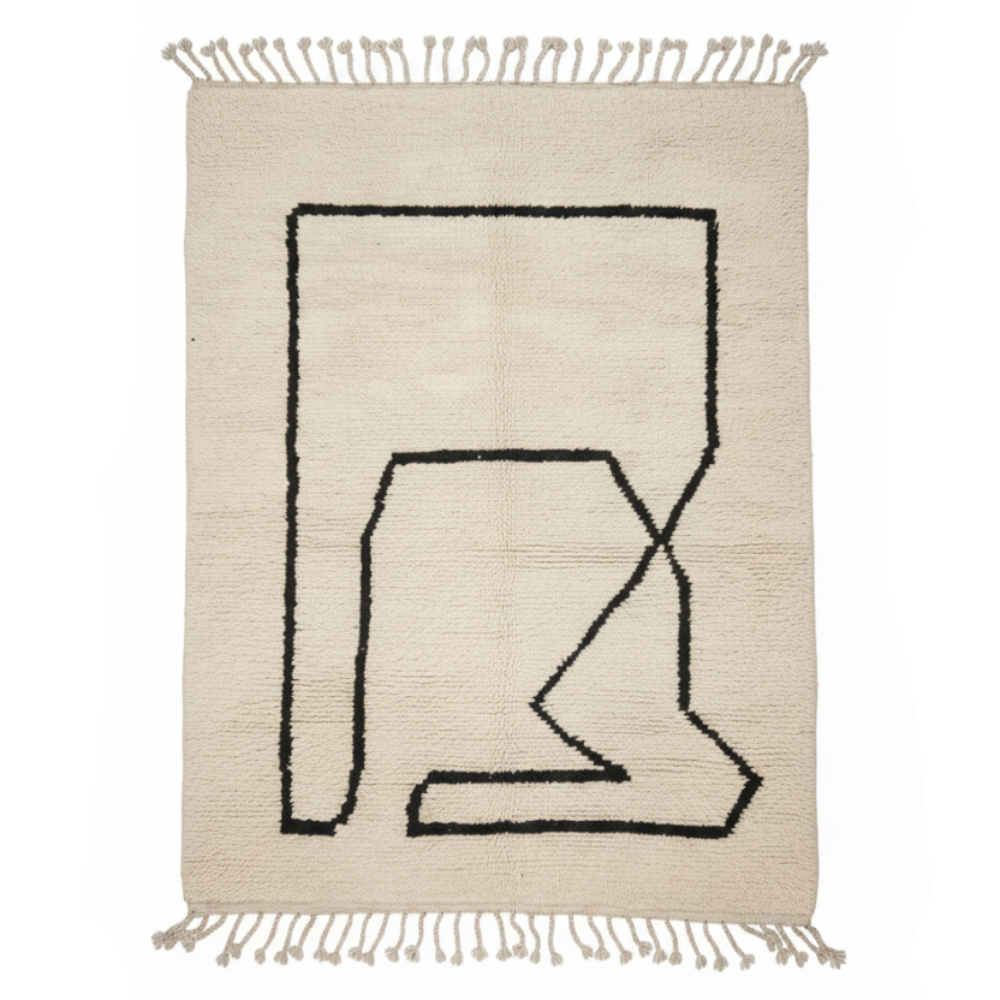Tapis Berbere Beni Ouarain Asymétrique Design Noir sur Fond Crème
