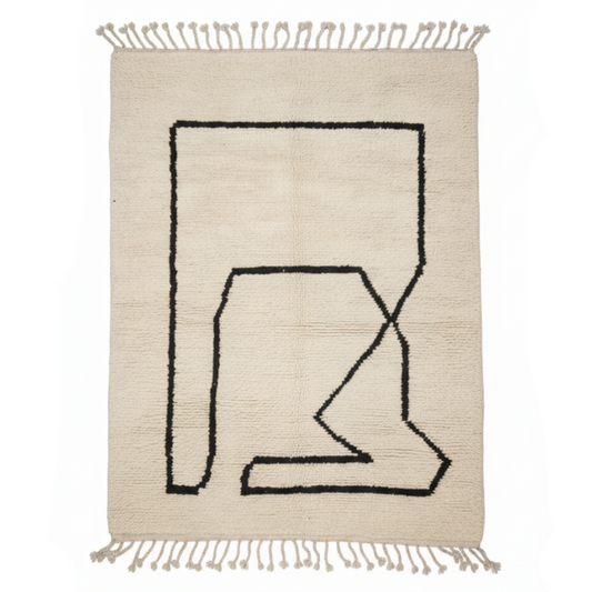 Tapis Berbere Beni Ouarain Asymétrique Design Noir sur Fond Crème