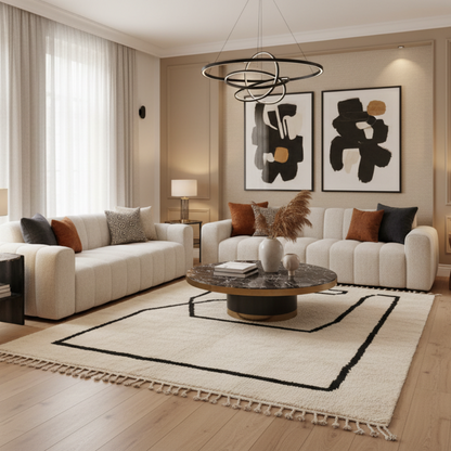 Tapis Berbere Beni Ouarain Asymétrique Design Noir sur Fond Crème