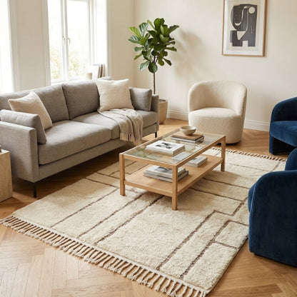 Tapis Berbere Beni Ouarain Crème à Lignes Géométriques Asymétriques