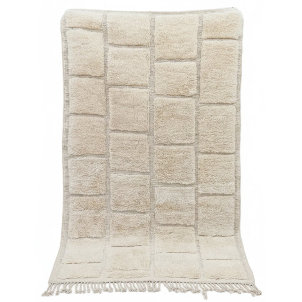 Tapis Berbere Beni Ouarain Crème en Laine avec Motifs Carrés