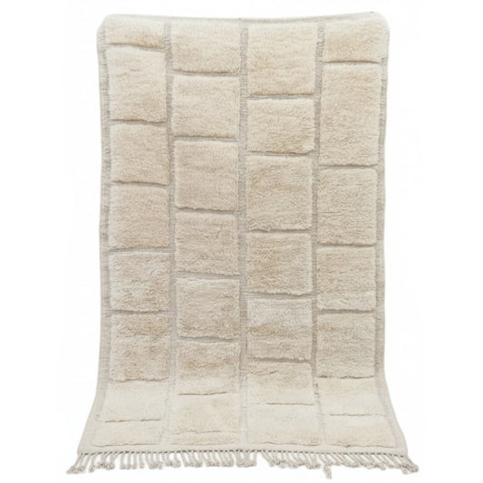 Tapis Berbere Beni Ouarain Crème en Laine avec Motifs Carrés