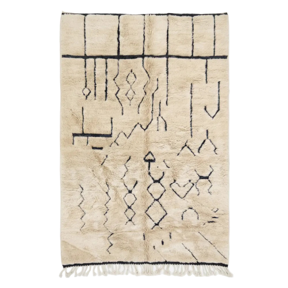 Tapis Berbere Beni Ouarain à Motifs Géométriques Noirs sur Fond Crème