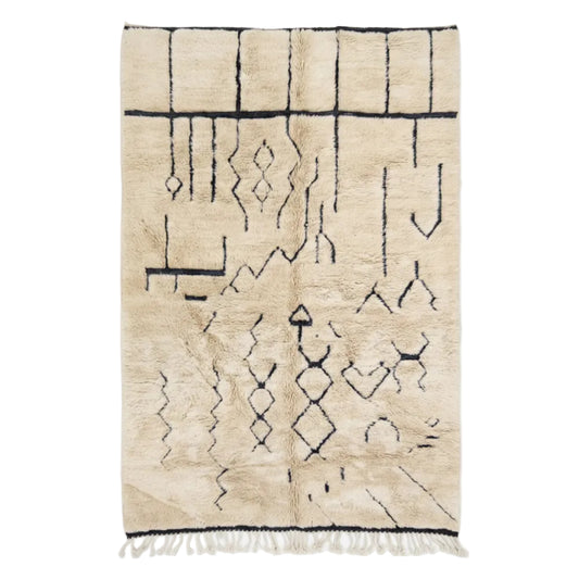 Tapis Berbere Beni Ouarain à Motifs Géométriques Noirs sur Fond Crème