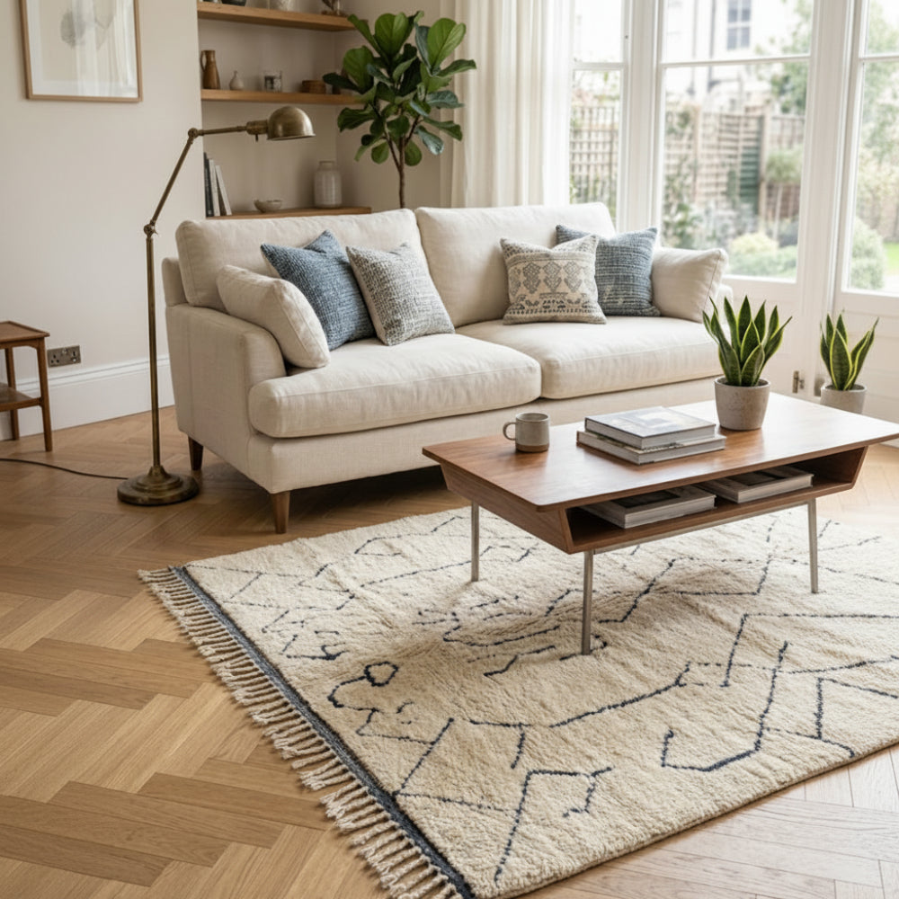 Tapis Berbere Beni Ouarain à Motifs Géométriques Noirs sur Fond Crème
