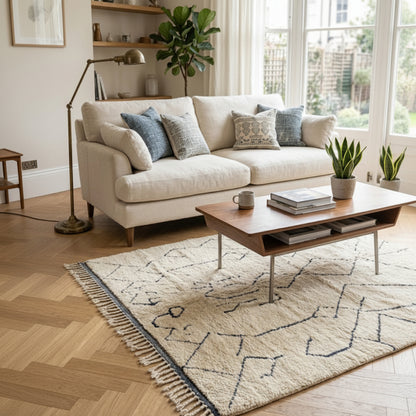Tapis Berbere Beni Ouarain à Motifs Géométriques Noirs sur Fond Crème