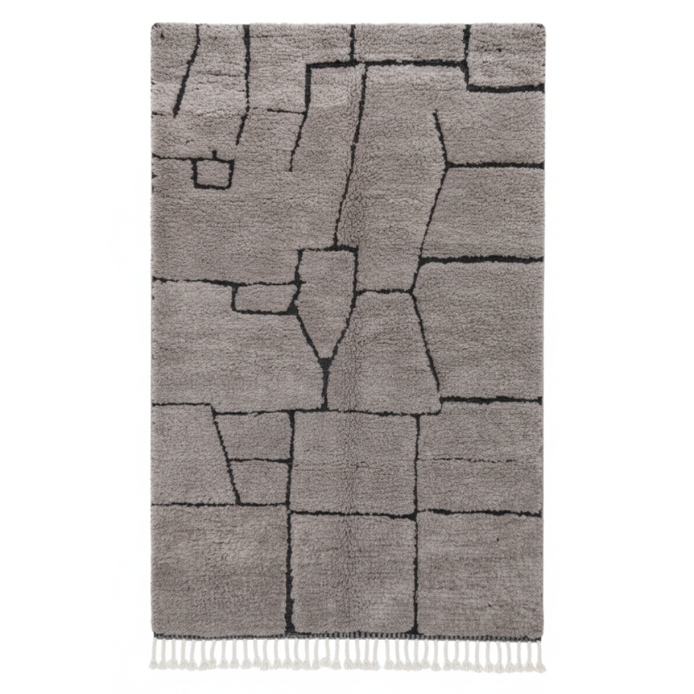 Tapis Berbere Beni Ouarain Texturé en Gris avec Franges