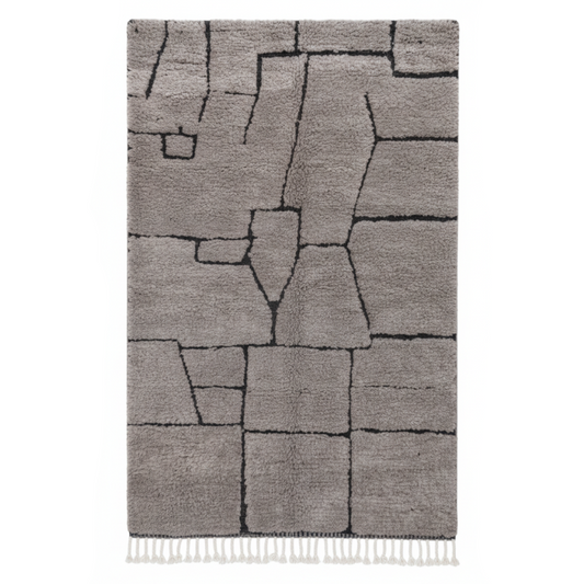 Tapis Berbere Beni Ouarain Texturé en Gris avec Franges