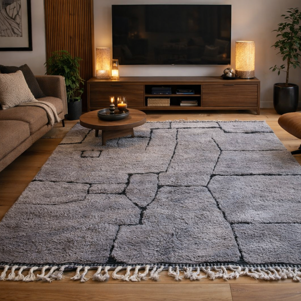 Tapis Berbere Beni Ouarain Texturé en Gris avec Franges