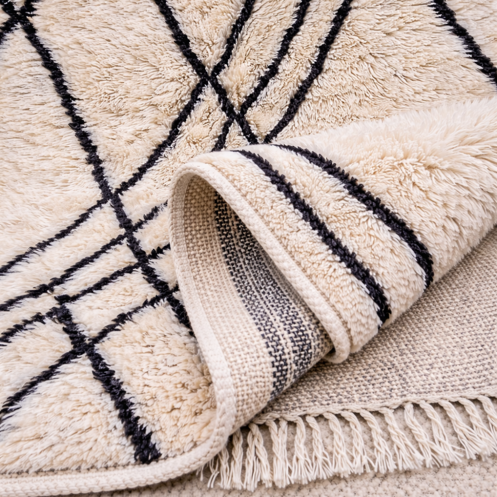 Tapis Berbere Beni Ouarain à Motifs Géométriques Noirs