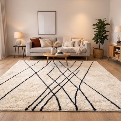 Tapis Berbere Beni Ouarain à Motifs Géométriques Noirs