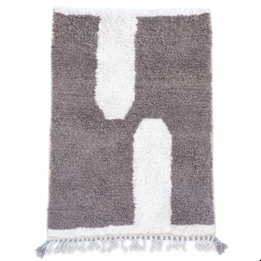 Tapis Berbere Beni Ouarain à Motifs Symétriques Gris et Blanc