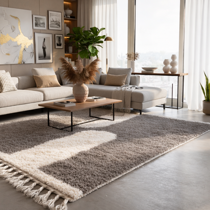 Tapis Berbere Beni Ouarain à Motifs Symétriques Gris et Blanc