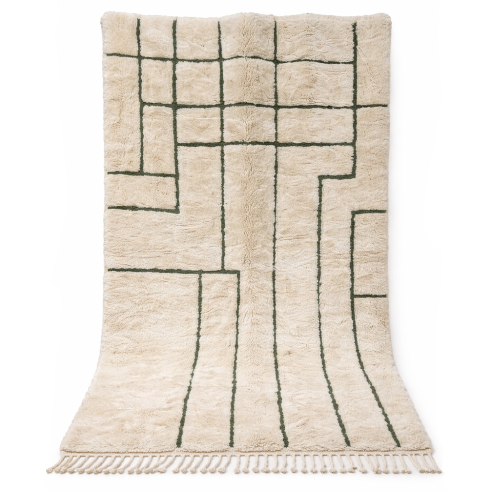 Tapis Berbere Beni Ouarain à Motifs Géométriques Vert Sur Fond Crème