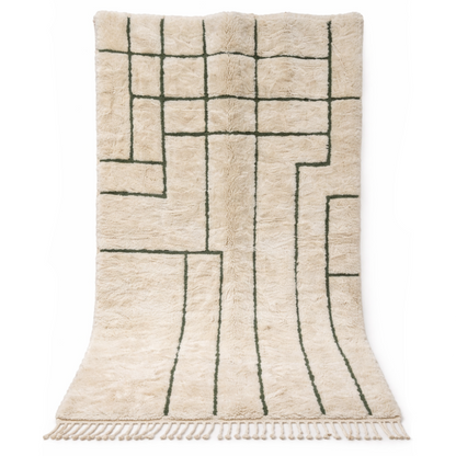 Tapis Berbere Beni Ouarain à Motifs Géométriques Vert Sur Fond Crème