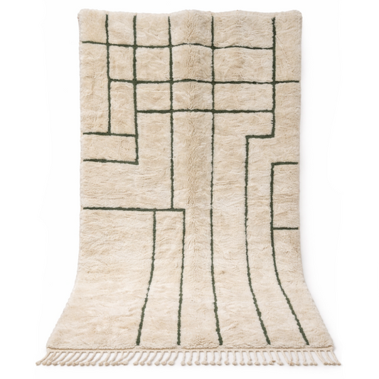 Tapis Berbere Beni Ouarain à Motifs Géométriques Vert Sur Fond Crème