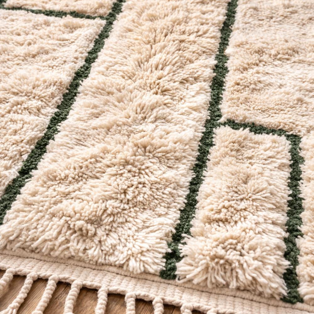 Tapis Berbere Beni Ouarain à Motifs Géométriques Vert Sur Fond Crème