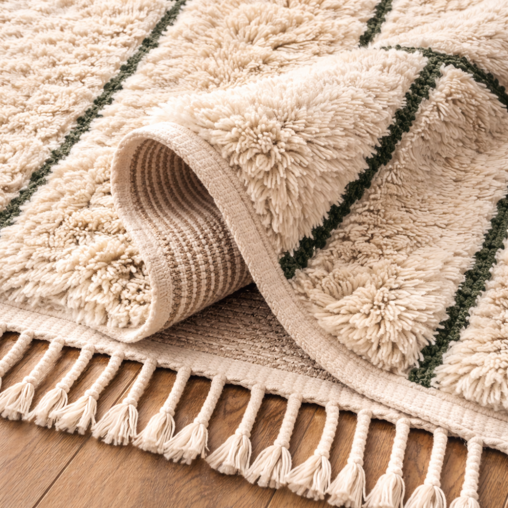 Tapis Berbere Beni Ouarain à Motifs Géométriques Vert Sur Fond Crème