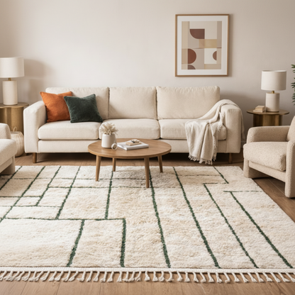 Tapis Berbere Beni Ouarain à Motifs Géométriques Vert Sur Fond Crème