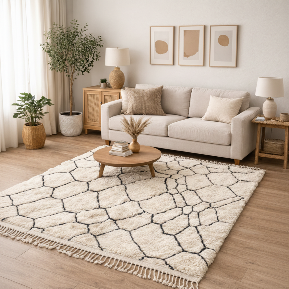 Tapis Berbere Beni Ourain à Motif Géométriques en Nid d'Abeille Noir