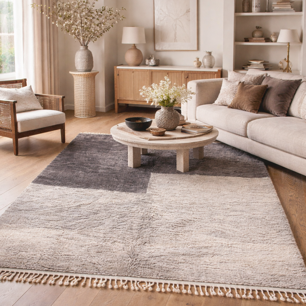 Tapis Berbere Beni Ourain à Motifs Géométriques Gris et Crème